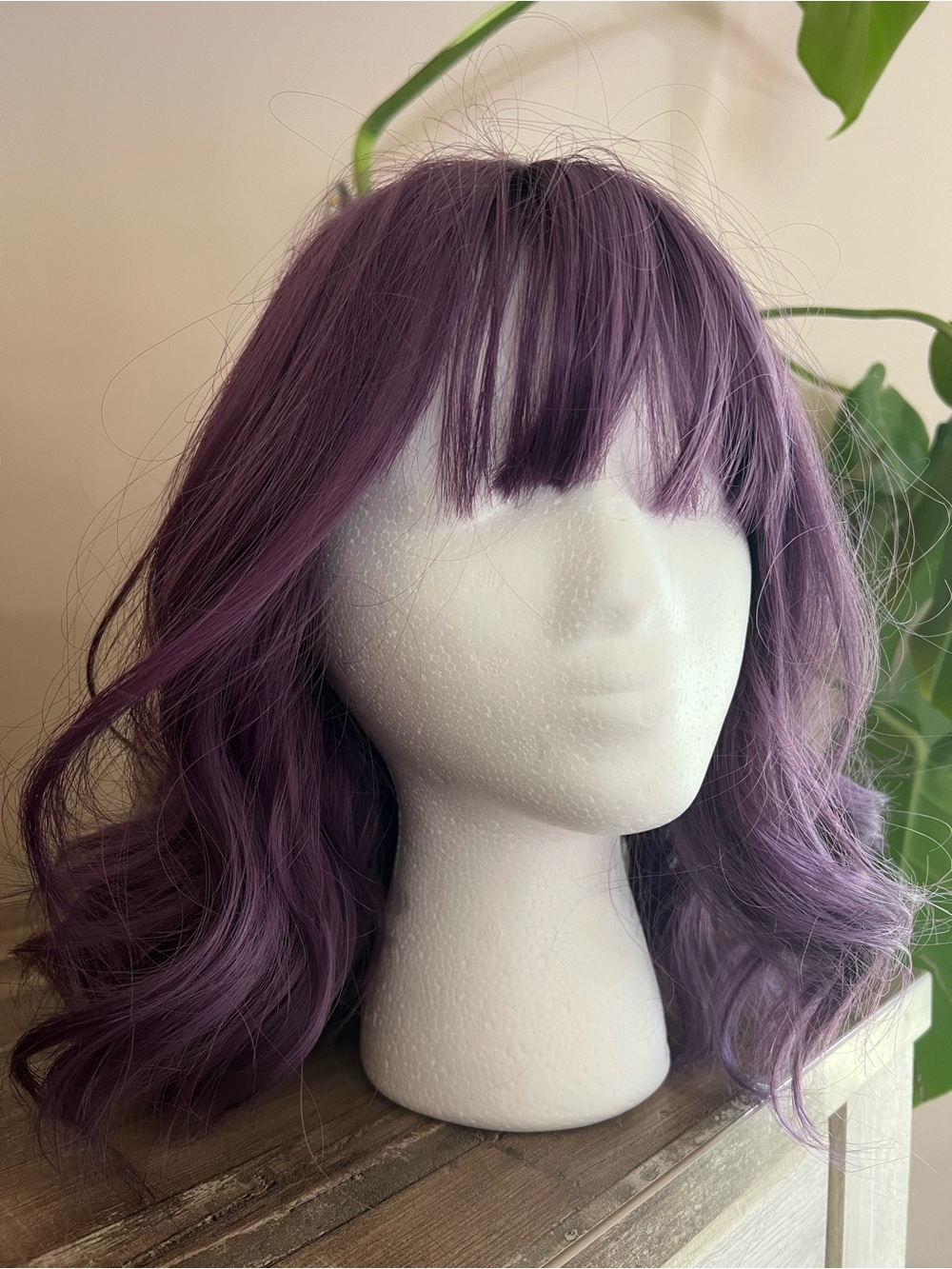 Purple Wavy Synthetic Wig with Bangs - Women's Hair